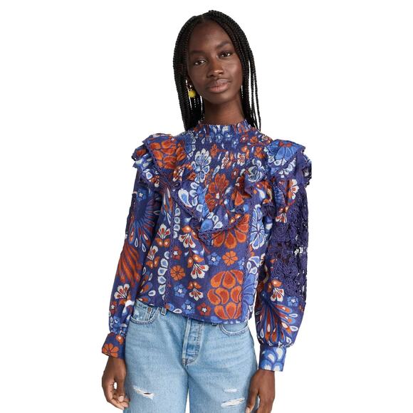 Farm Rio Pineapple Flowers Navy Ruffled Blouse Size XS - Picture 13 of 16